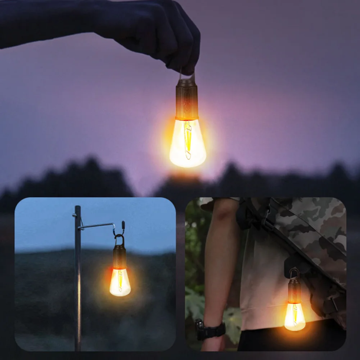 "Vintage oplaadbare gloeilamp voor buiten, draadloos en duurzaam, ideaal voor kamperen of tuinverlichting."