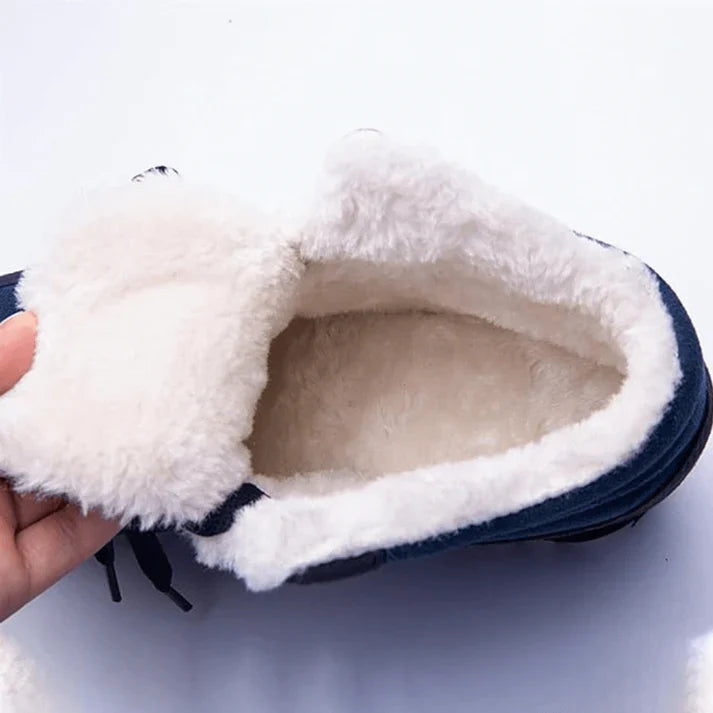 "Visuele beschrijving van waterdichte, antislip winterlaarzen voor heren met geïsoleerde voering in blauw, bruin, grijs of zw