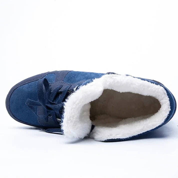 "Visuele beschrijving van waterdichte, antislip winterlaarzen voor heren met geïsoleerde voering in blauw, bruin, grijs of zw