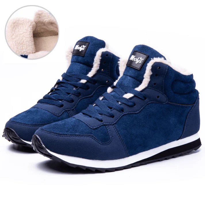 "Visuele beschrijving van waterdichte, antislip winterlaarzen voor heren met geïsoleerde voering in blauw, bruin, grijs of zw