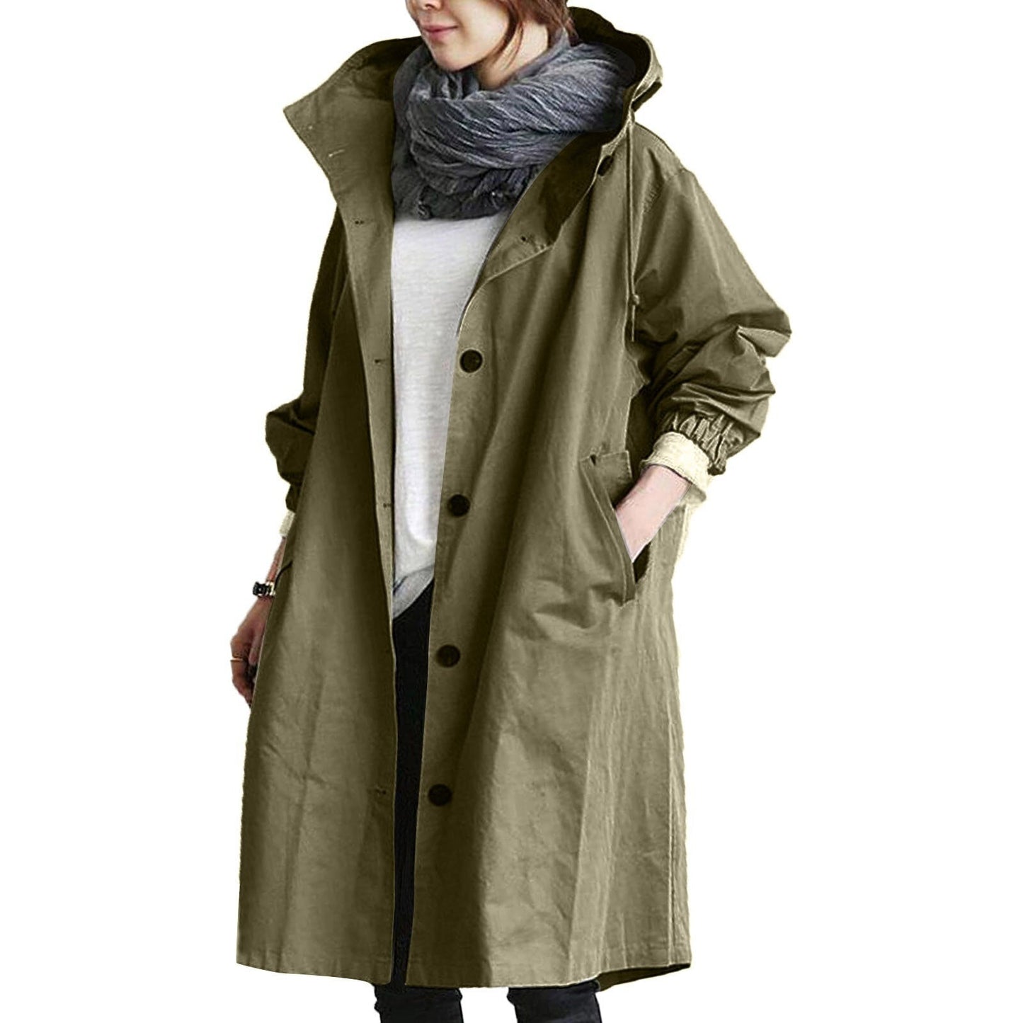 "Voorkant lange waterdichte damesregenjas, elegant, groen en beige tinten, voor lente/zomer"