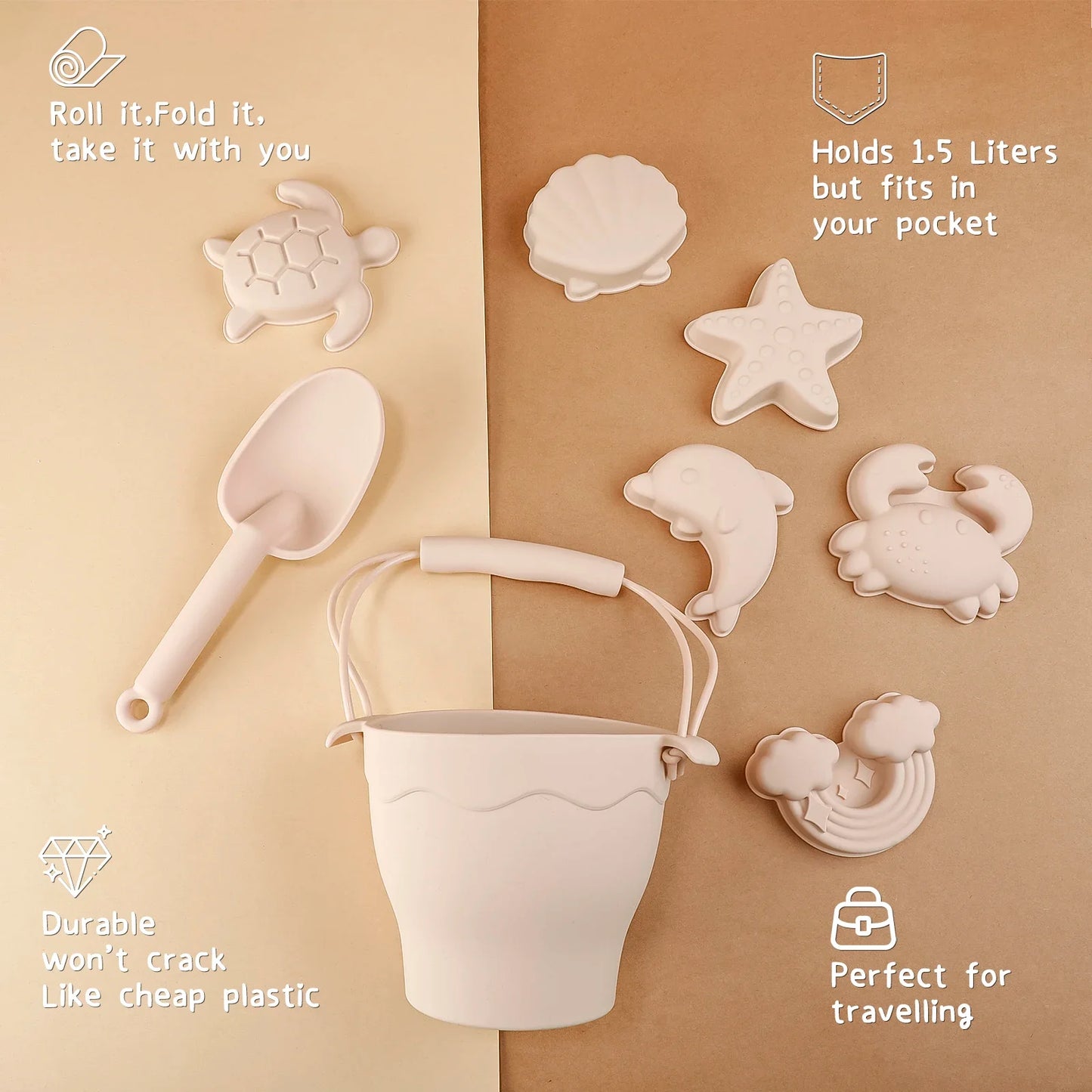 "Vrolijke Silicone Beach Set met emmer en speeltjes in blauwe, gele en groene tinten; veilige, milieuvriendelijke keuze."