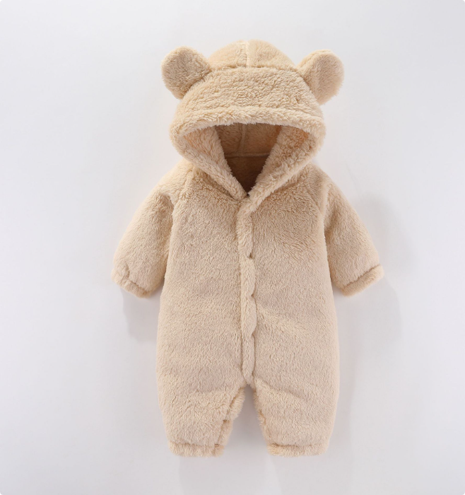 "Warme fleece romper baby met capuchon, zacht en knus ontwerp, ideaal voor koude dagen en stijlvolle babykleding."