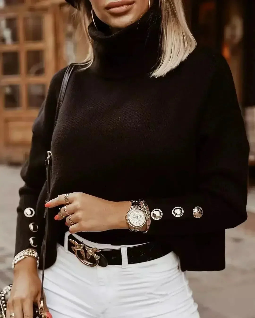 "Warme oversized gebreide turtleneck sweater, ideaal voor winterdagen, verkrijgbaar in diverse kleuren."