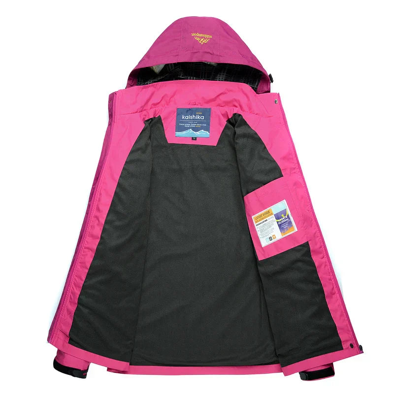 "Waterdichte outdoor jas met capuchon, unisex, blauw, wind- en waterdicht, ideaal voor avontuurlijk gebruik."