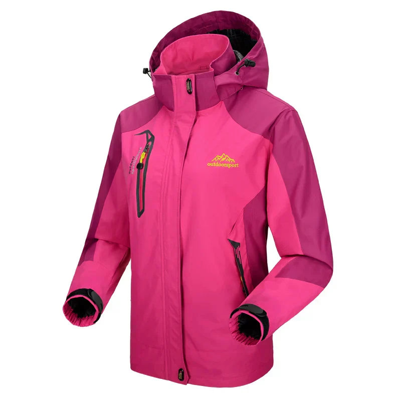"Waterdichte outdoor jas met capuchon, unisex, blauw, wind- en waterdicht, ideaal voor avontuurlijk gebruik."