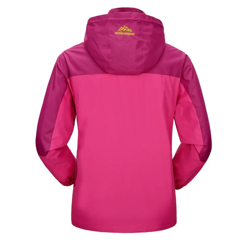 "Waterdichte outdoor jas met capuchon, unisex, blauw, wind- en waterdicht, ideaal voor avontuurlijk gebruik."