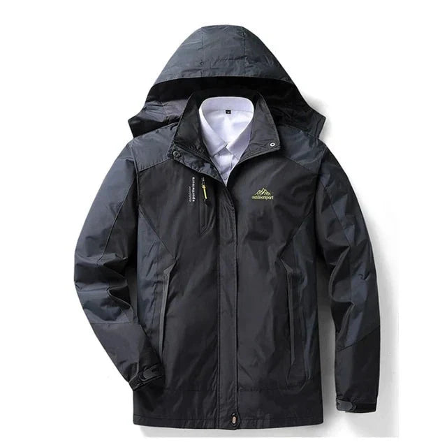"Waterdichte outdoor jas met capuchon, unisex, blauw, wind- en waterdicht, ideaal voor avontuurlijk gebruik."