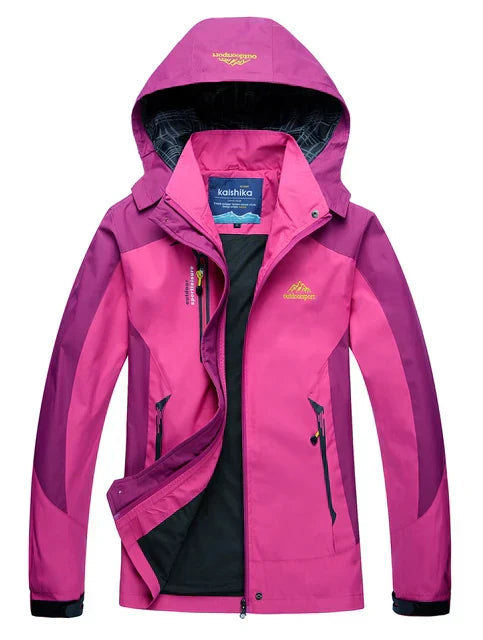 "Waterdichte outdoor jas met capuchon, unisex, blauw, wind- en waterdicht, ideaal voor avontuurlijk gebruik."