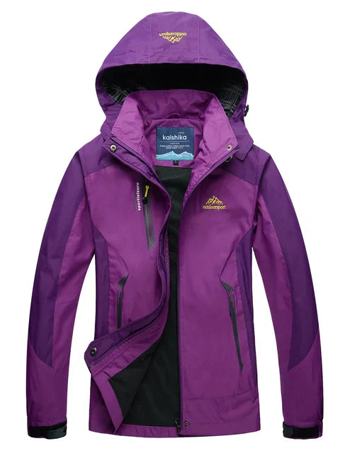 "Waterdichte outdoor jas met capuchon, unisex, blauw, wind- en waterdicht, ideaal voor avontuurlijk gebruik."