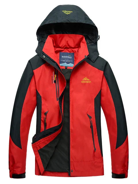 "Waterdichte outdoor jas met capuchon, unisex, blauw, wind- en waterdicht, ideaal voor avontuurlijk gebruik."