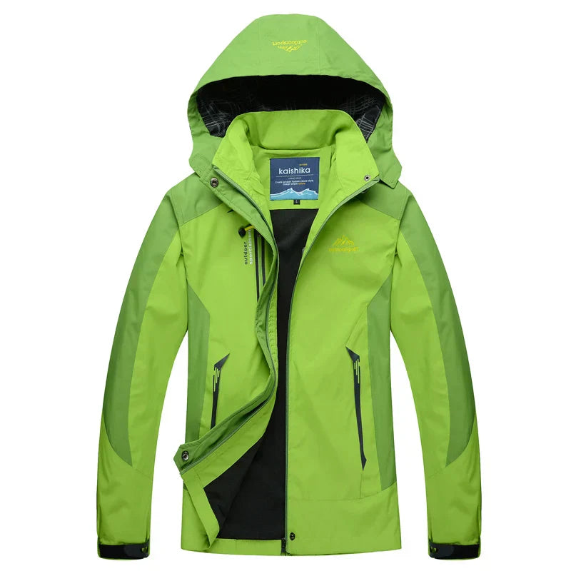 "Waterdichte outdoor jas met capuchon, unisex, blauw, wind- en waterdicht, ideaal voor avontuurlijk gebruik."