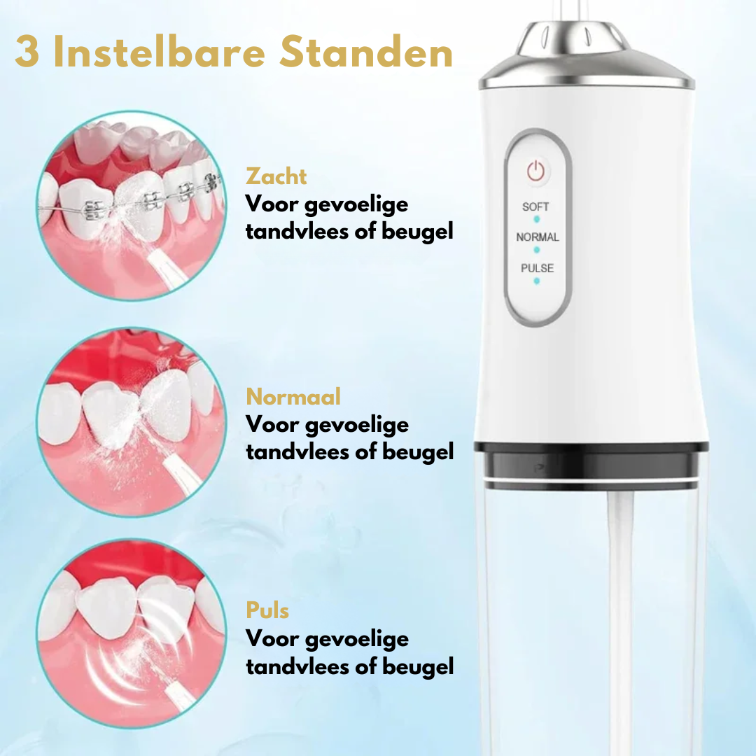 "Waterflosser met 360° spuitkop, ruime watertank en compact design voor optimale mondhygiëne."