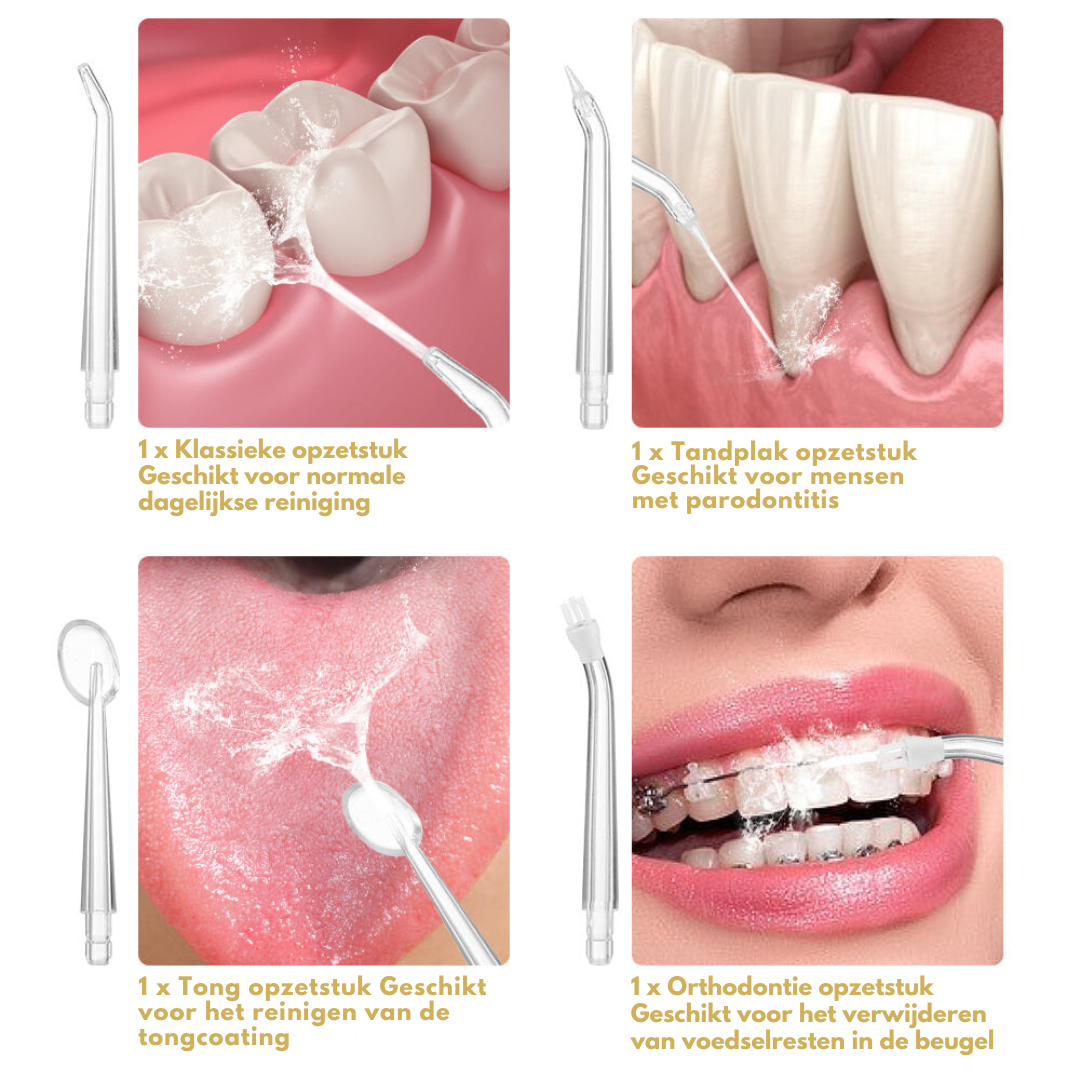 "Waterflosser met 360° spuitkop, ruime watertank en compact design voor optimale mondhygiëne."