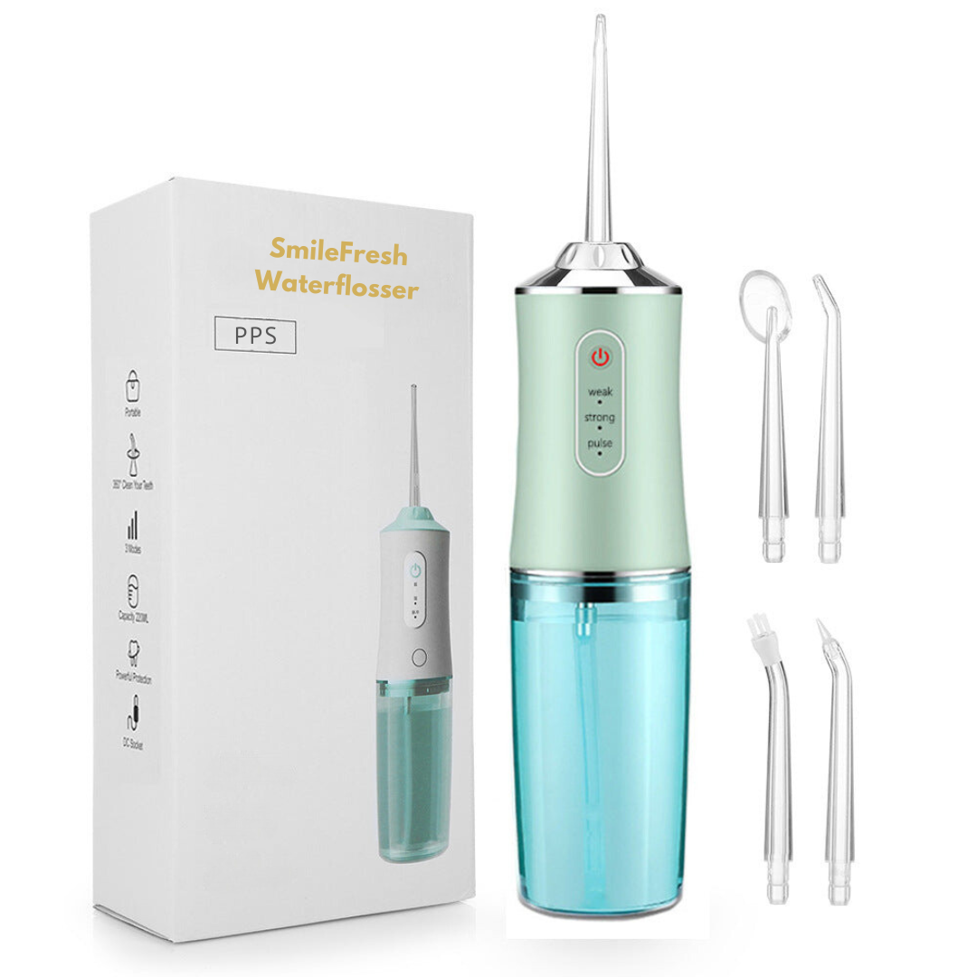 "Waterflosser met 360° spuitkop, ruime watertank en compact design voor optimale mondhygiëne."