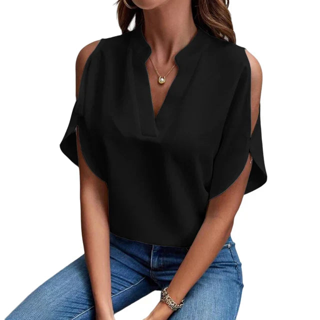 "Zomerse blouse dames met korte mouwen, slanke pasvorm, licht en ademend materiaal voor casual chique look."