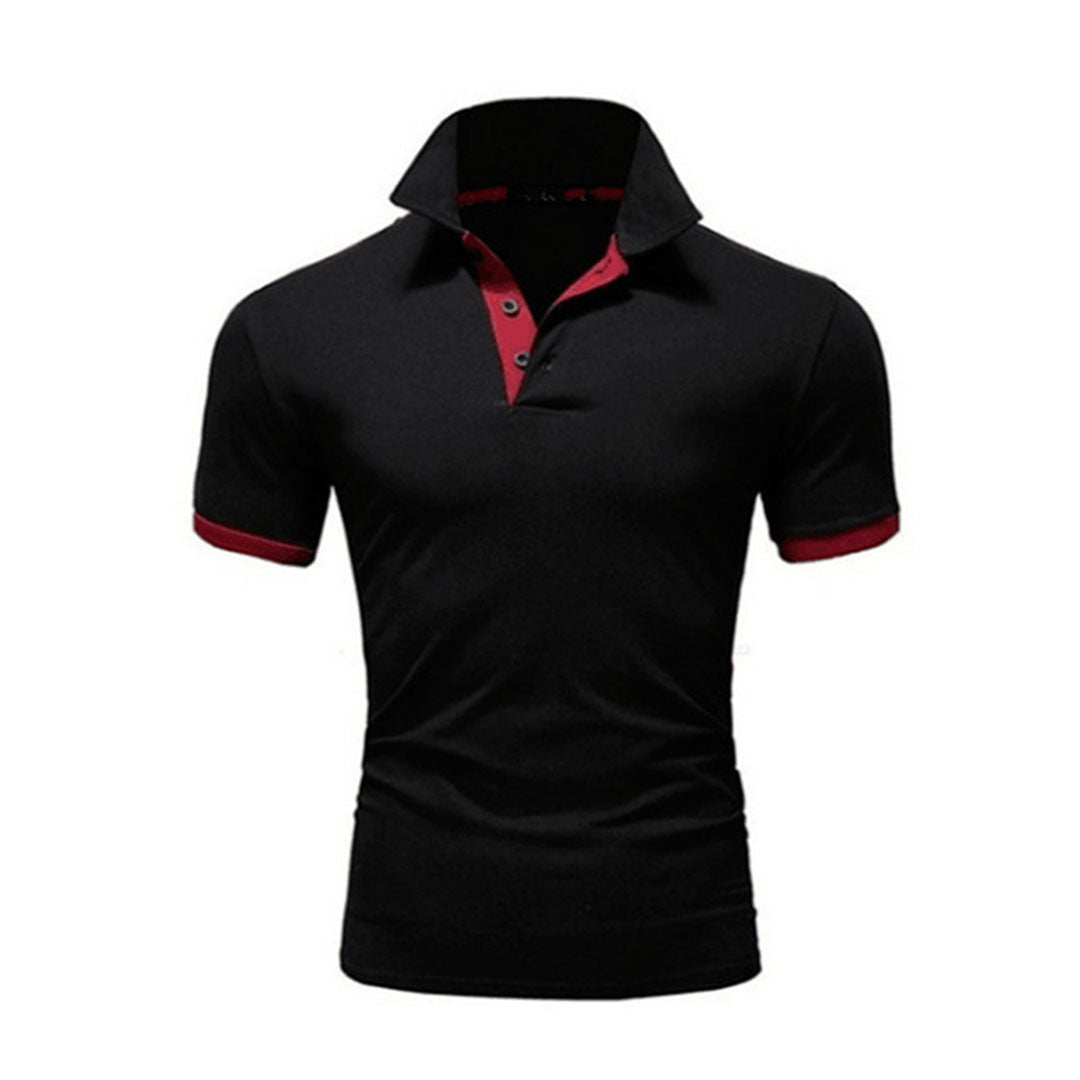 Zomerse herenpoloshirt zwart-rood, stijlvol en comfortabel, elegant afgewerkt, perfect voor elke gelegenheid.