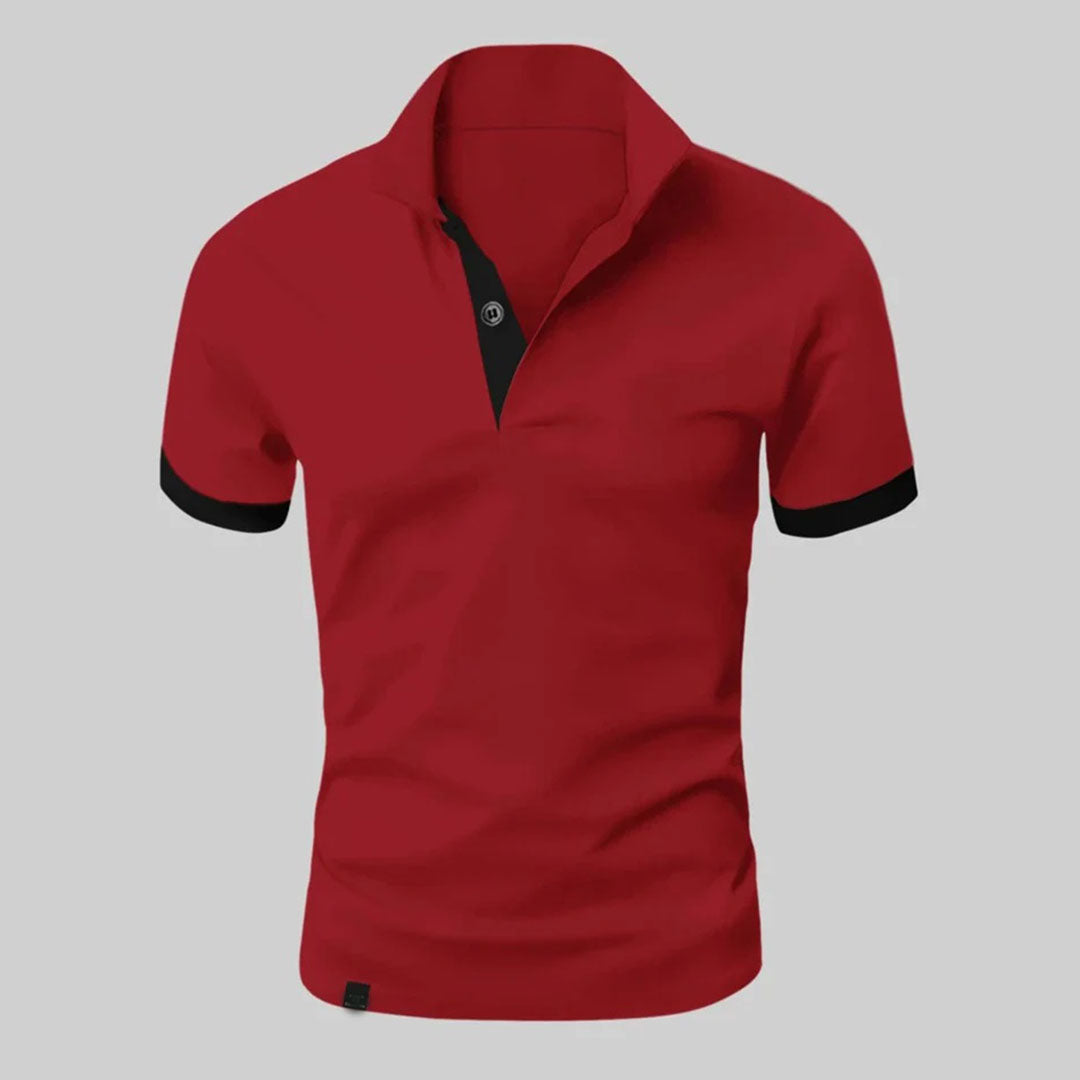 Zomerse herenpoloshirt zwart-rood, stijlvol en comfortabel, elegant afgewerkt, perfect voor elke gelegenheid.