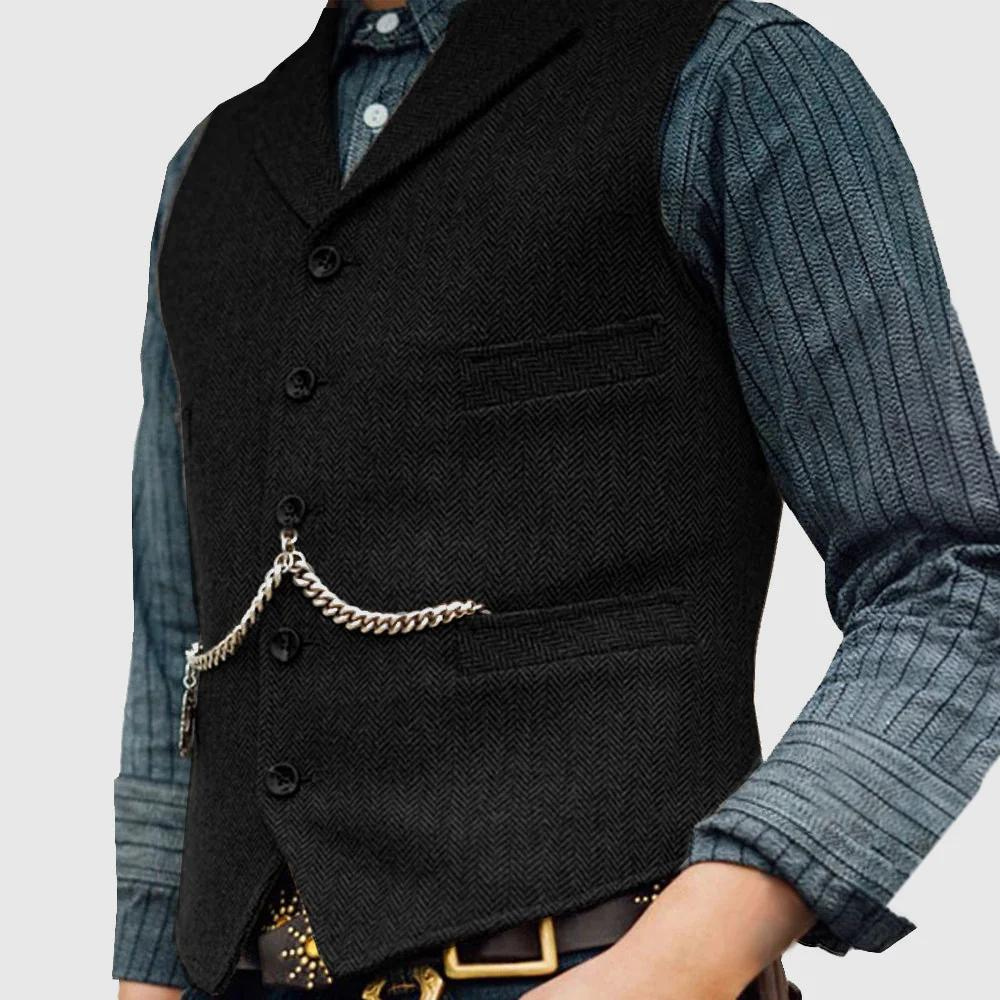 "Zwart visgraatvest voor heren, klassieke stijl met omgeslagen kraag en knoopsluiting, perfect voor lente en zomer."