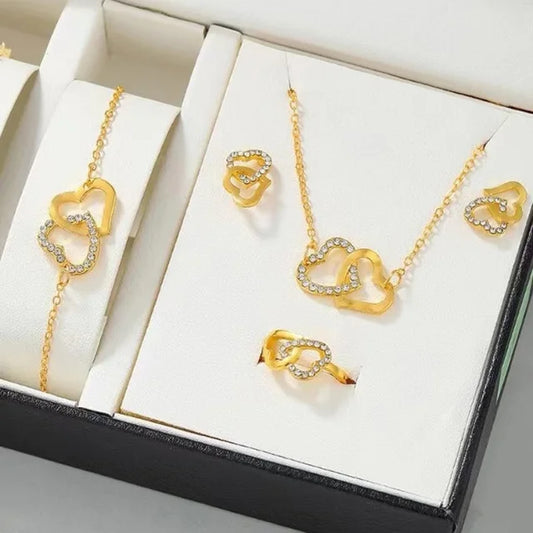 "5-delige romantische sieradenset met glinsterende rhinestones en dubbel hartdesign voor vrouwen, inclusief ketting en oorbel