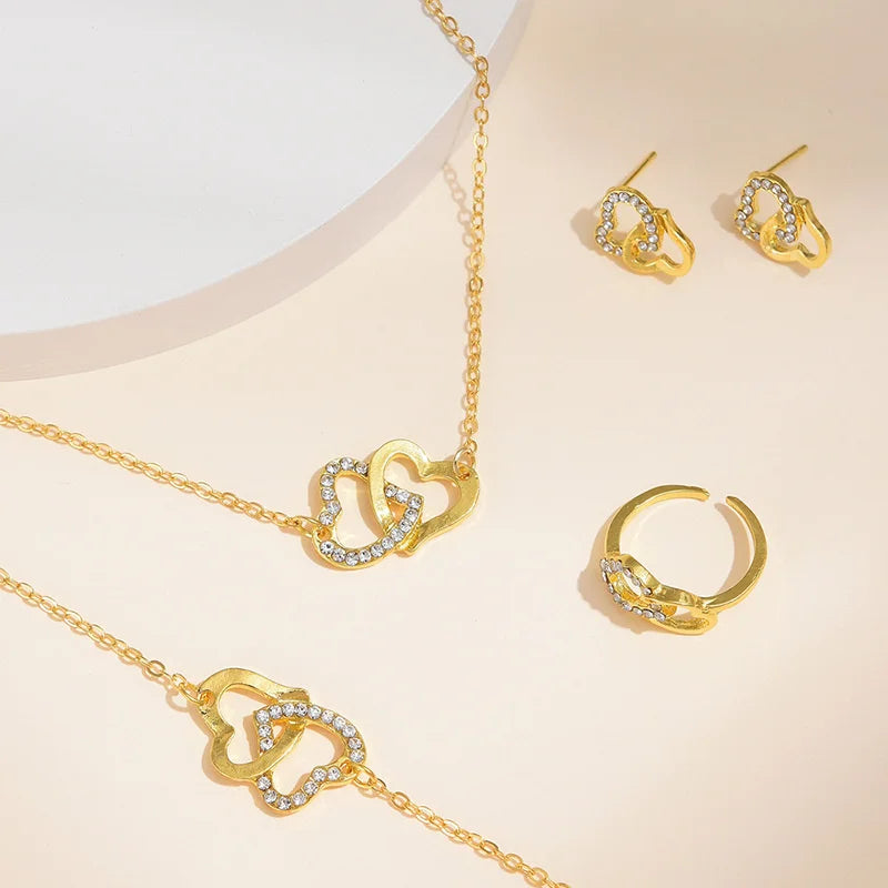 "5-delige romantische sieradenset met glinsterende rhinestones en dubbel hartdesign voor vrouwen, inclusief ketting en oorbel