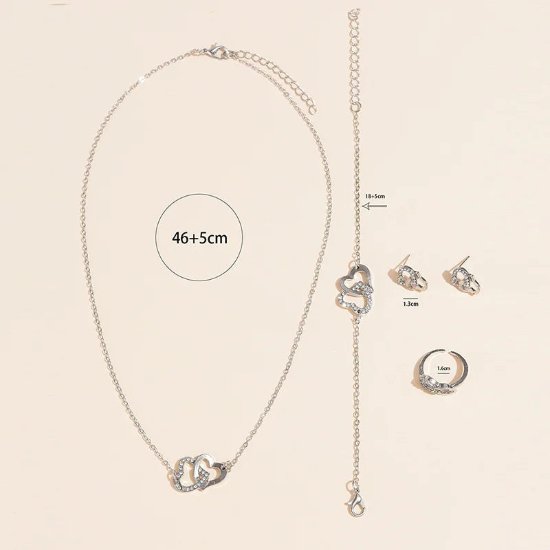 "5-delige romantische sieradenset met glinsterende rhinestones en dubbel hartdesign voor vrouwen, inclusief ketting en oorbel