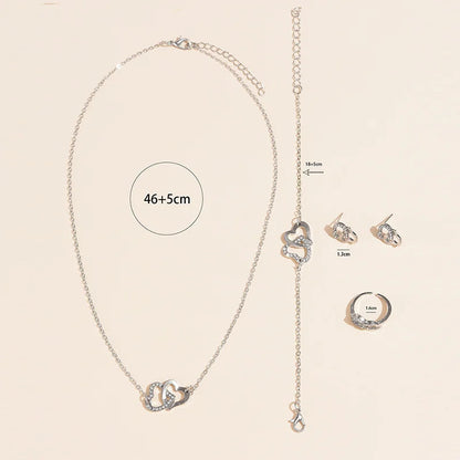 "5-delige romantische sieradenset met glinsterende rhinestones en dubbel hartdesign voor vrouwen, inclusief ketting en oorbel