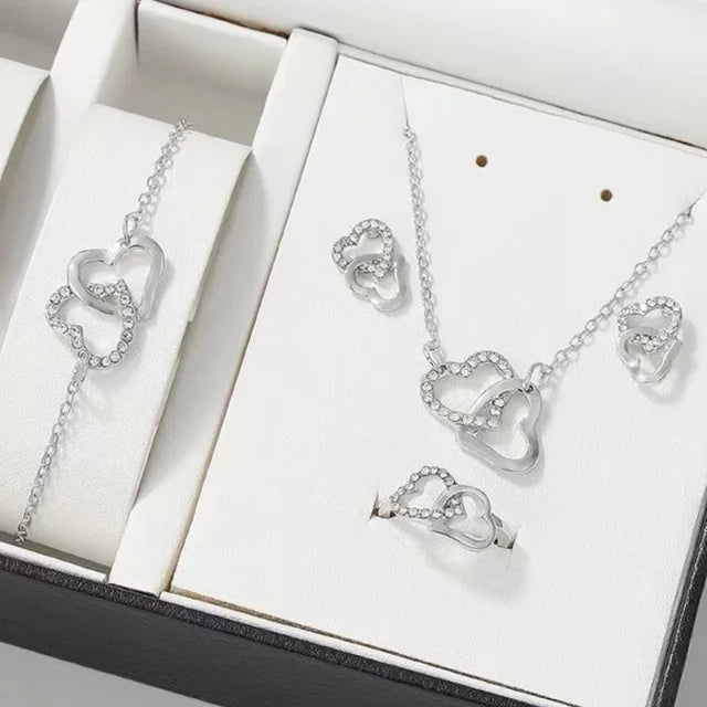 "5-delige romantische sieradenset met glinsterende rhinestones en dubbel hartdesign voor vrouwen, inclusief ketting en oorbel