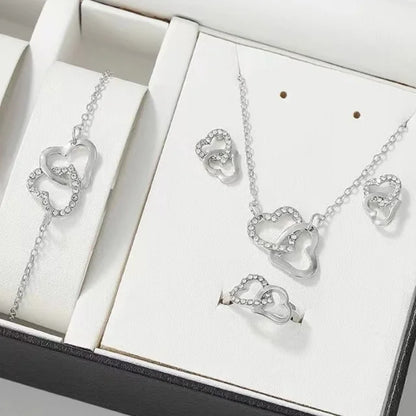 "5-delige romantische sieradenset met glinsterende rhinestones en dubbel hartdesign voor vrouwen, inclusief ketting en oorbel