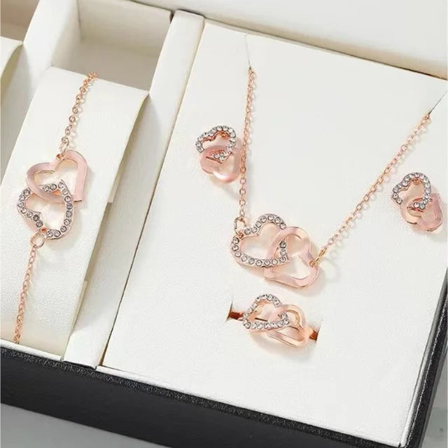 "5-delige romantische sieradenset met glinsterende rhinestones en dubbel hartdesign voor vrouwen, inclusief ketting en oorbel