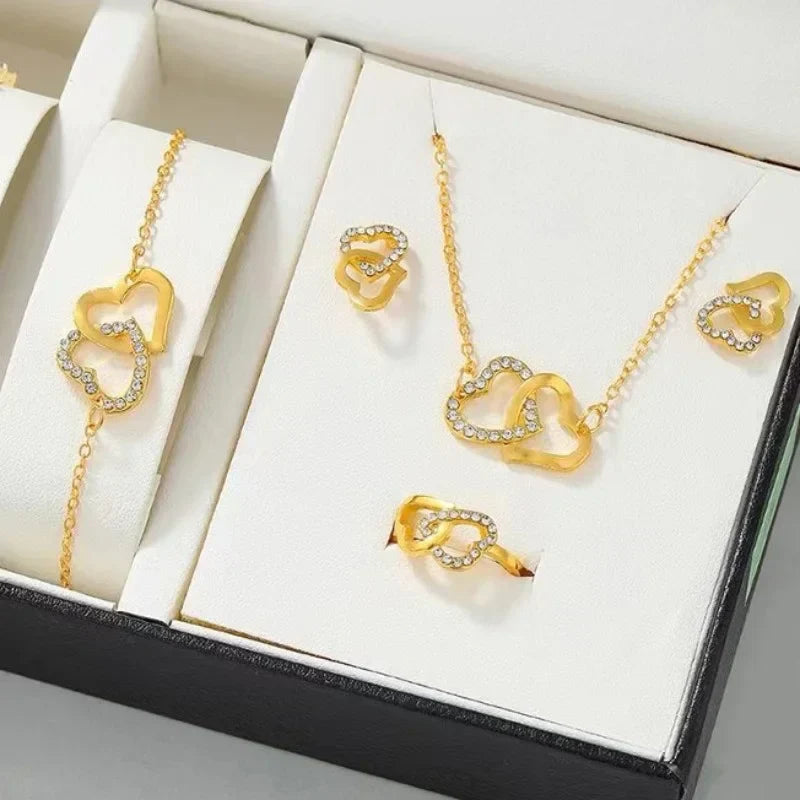 "5-delige romantische sieradenset met glinsterende rhinestones en dubbel hartdesign voor vrouwen, inclusief ketting en oorbel