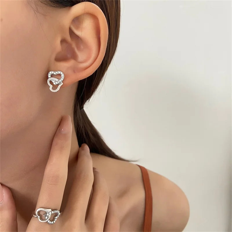 "5-delige romantische sieradenset met glinsterende rhinestones en dubbel hartdesign voor vrouwen, inclusief ketting en oorbel