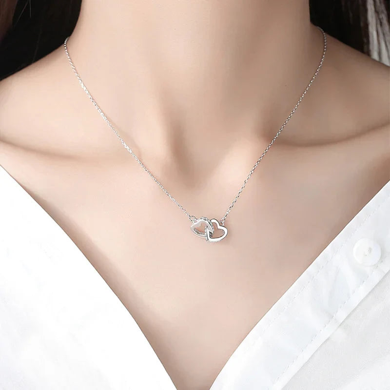 "5-delige romantische sieradenset met glinsterende rhinestones en dubbel hartdesign voor vrouwen, inclusief ketting en oorbel