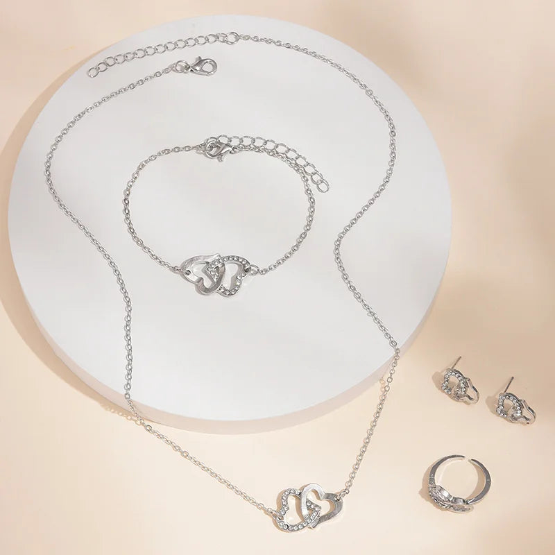 "5-delige romantische sieradenset met glinsterende rhinestones en dubbel hartdesign voor vrouwen, inclusief ketting en oorbel