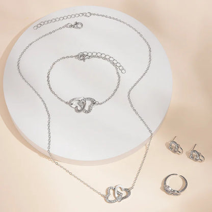 "5-delige romantische sieradenset met glinsterende rhinestones en dubbel hartdesign voor vrouwen, inclusief ketting en oorbel
