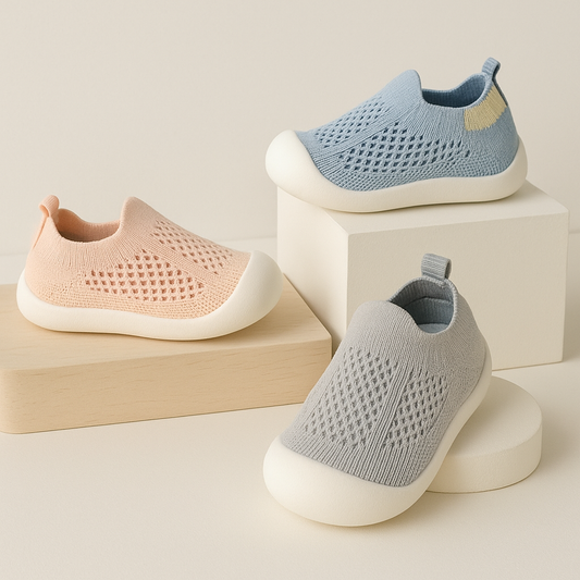 "Ademende kindersneakers met antislipzolen in pastelkleuren. Comfortabele schoenen voor avontuurlijke kinderactiviteiten."