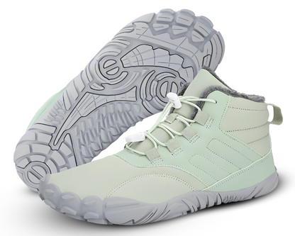 "ArcticBare Flex winter barefoot schoenen, antislip, waterdicht, uniseks, outdoor, zwart met rubberen zolen."