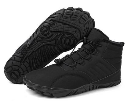 "ArcticBare Flex winter barefoot schoenen, antislip, waterdicht, uniseks, outdoor, zwart met rubberen zolen."