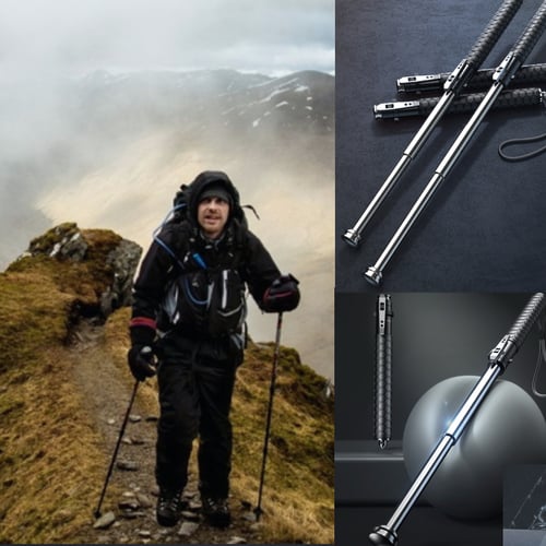 "Automatisch opvouwbare zwarte wandelstok met ergonomische handgreep, lichtgewicht aluminium en verstelbare lengte."