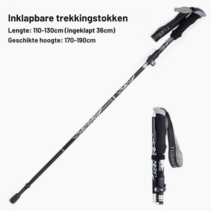 "Automatisch opvouwbare zwarte wandelstok met ergonomische handgreep, lichtgewicht aluminium en verstelbare lengte."
