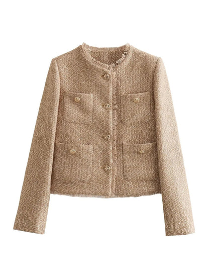 "Beige Sarah tweed jasje met gouden knopen, klassieke stijl, elegant en veelzijdig voor dameskleding."