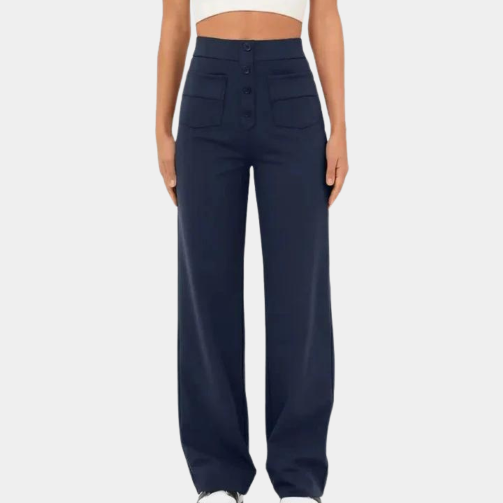 "Blaue damesbroek met hoge taille, elegante snit voor zomer en formeel gebruik, comfortabel en flatterend voor elk figuur."