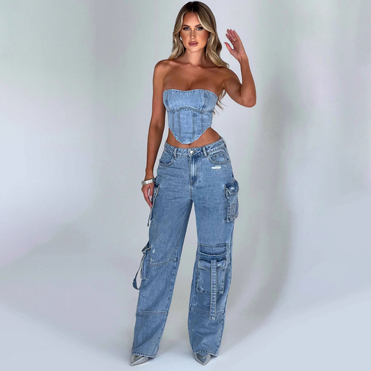 "Blauw-Zwart Faylin Cargo Set, oversized broek met wijde pijpen en corset; stijlvolle dameskleding met praktische zakken."