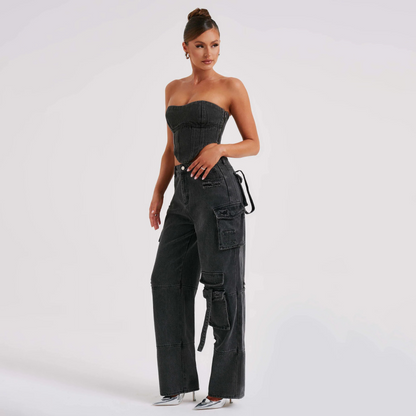 "Blauw-Zwart Faylin Cargo Set, oversized broek met wijde pijpen en corset; stijlvolle dameskleding met praktische zakken."