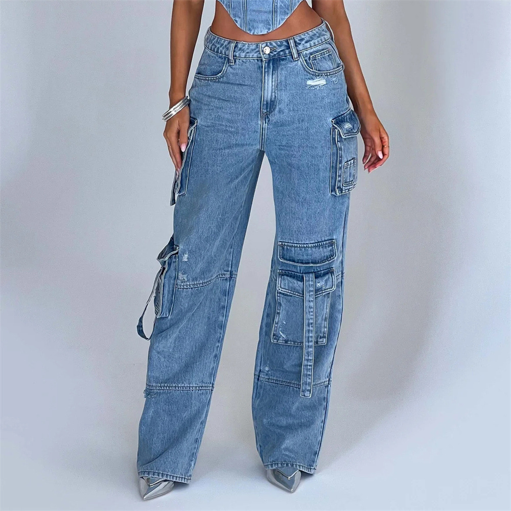 "Blauw-Zwart Faylin Cargo Set, oversized broek met wijde pijpen en corset; stijlvolle dameskleding met praktische zakken."