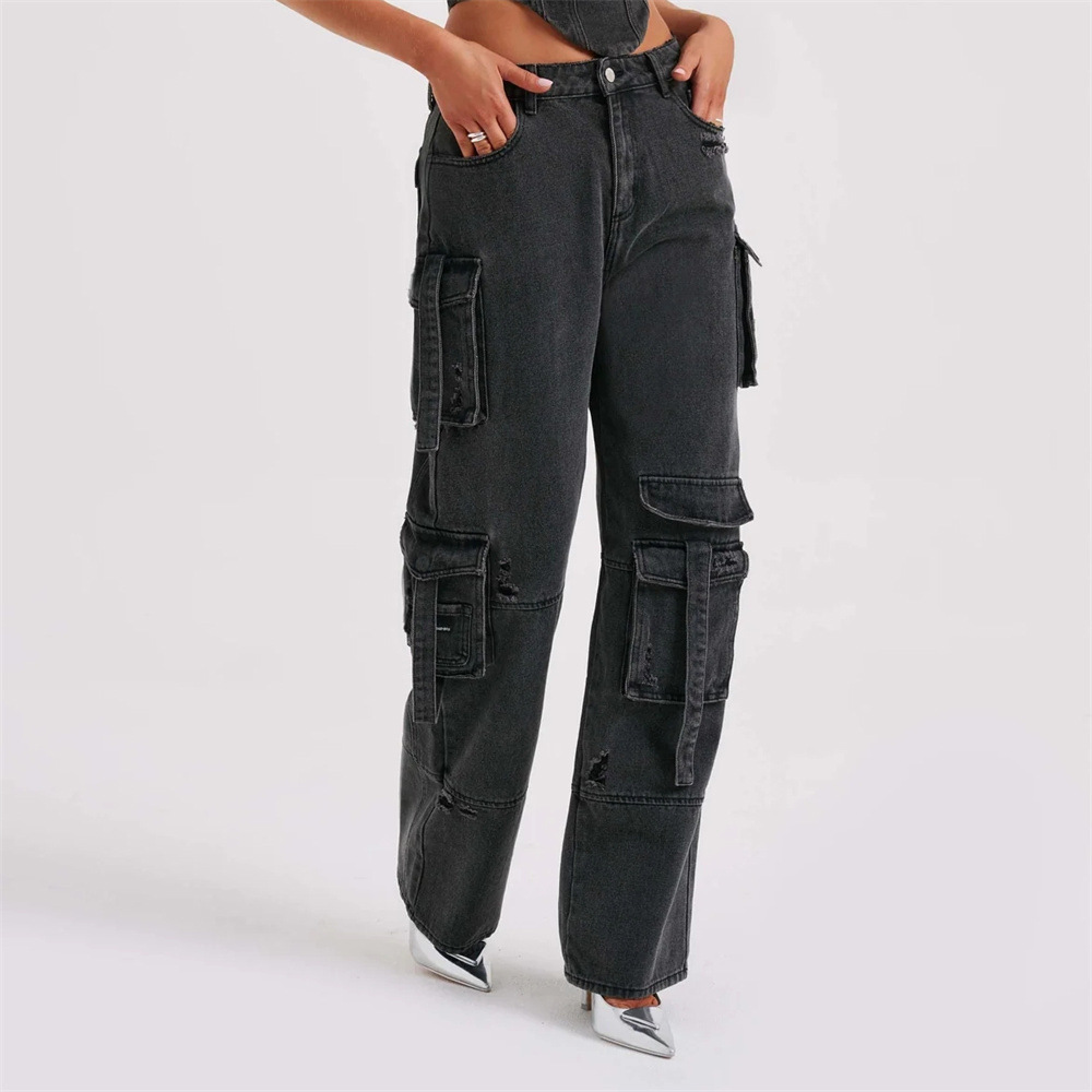 "Blauw-Zwart Faylin Cargo Set, oversized broek met wijde pijpen en corset; stijlvolle dameskleding met praktische zakken."