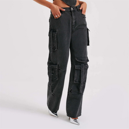 "Blauw-Zwart Faylin Cargo Set, oversized broek met wijde pijpen en corset; stijlvolle dameskleding met praktische zakken."
