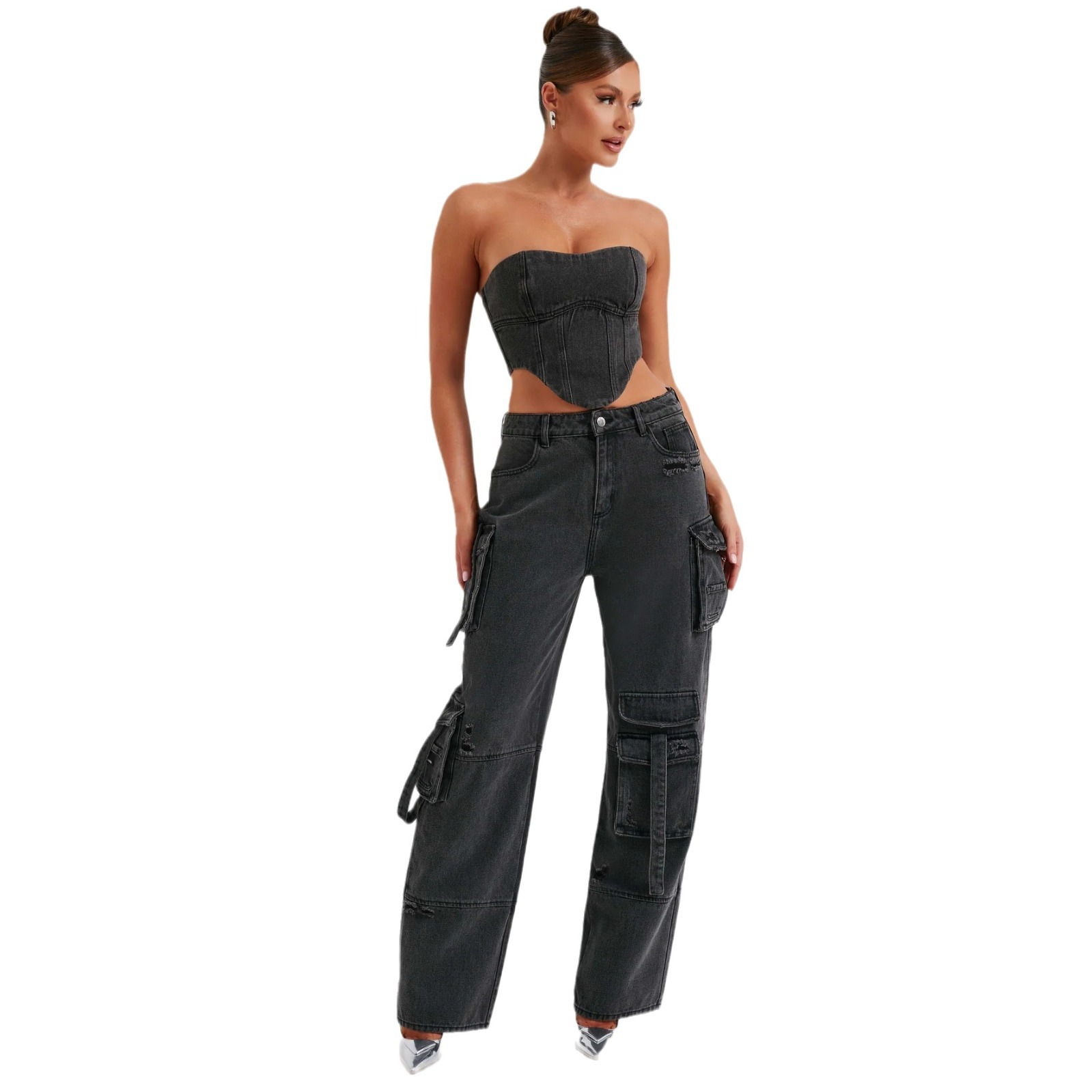 "Blauw-Zwart Faylin Cargo Set, oversized broek met wijde pijpen en corset; stijlvolle dameskleding met praktische zakken."