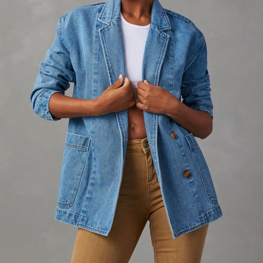 Blauwe denim damesjas, casual stijl, ideaal voor lente en zomer, veelzijdig en trendy, perfect voor modieuze outfits.