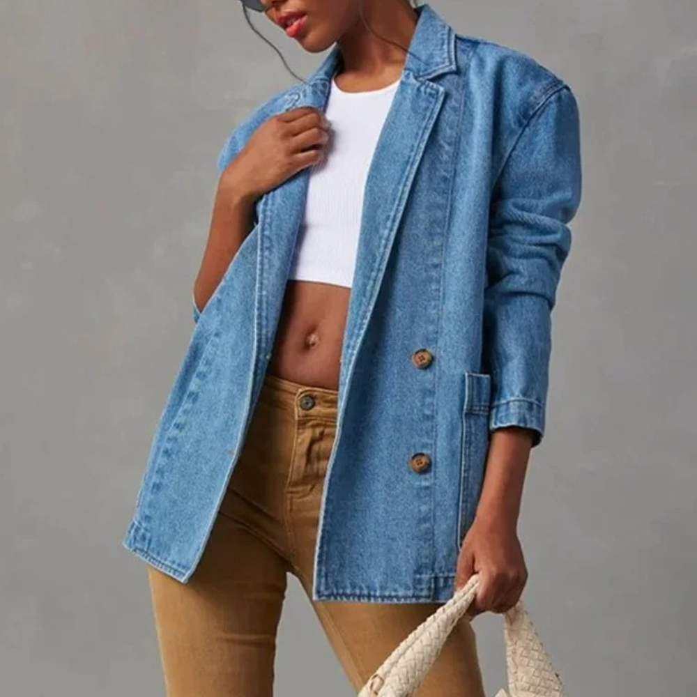 Blauwe denim damesjas, casual stijl, ideaal voor lente en zomer, veelzijdig en trendy, perfect voor modieuze outfits.